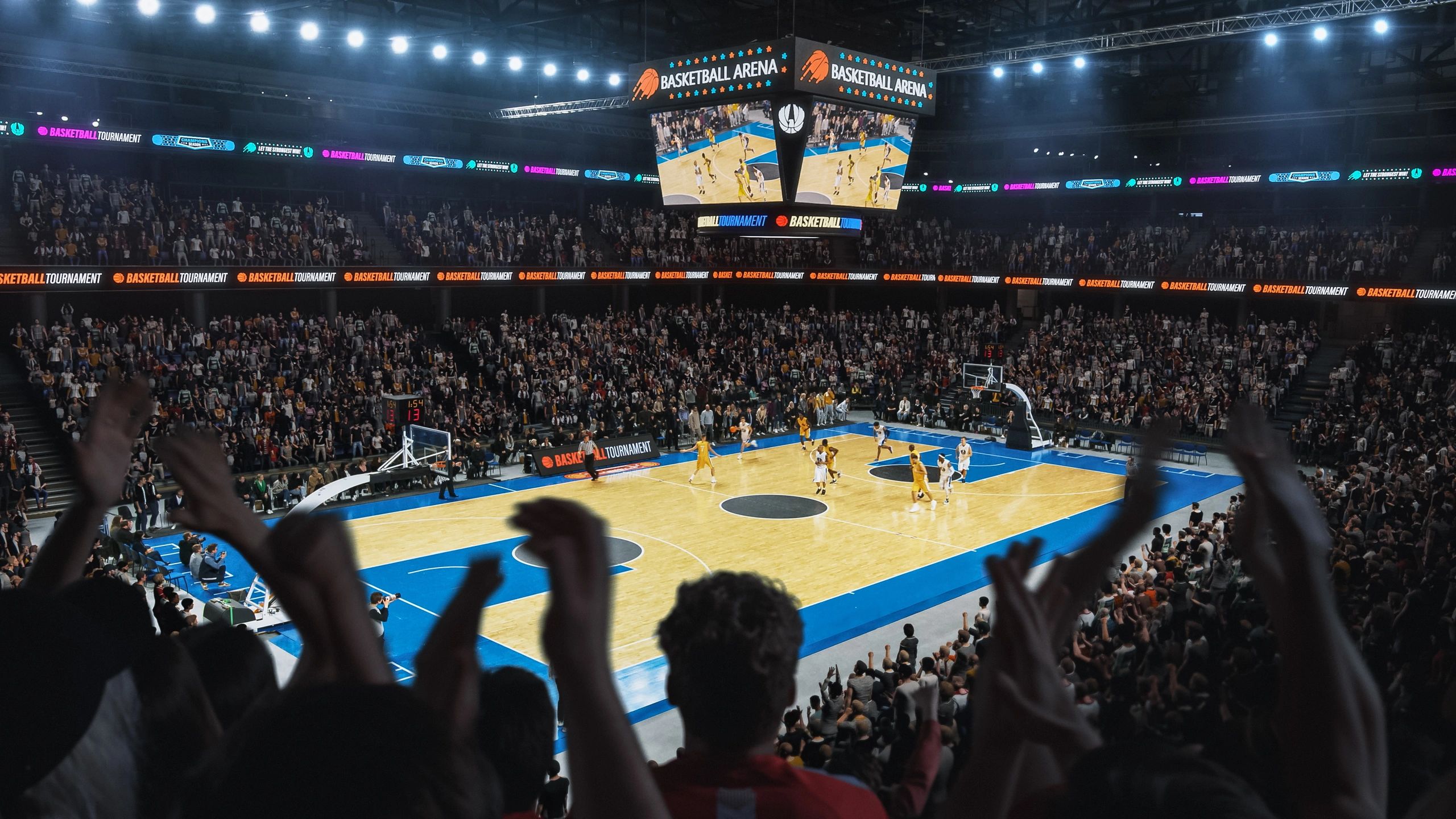 Crowd watching a basketball game in a packed arena