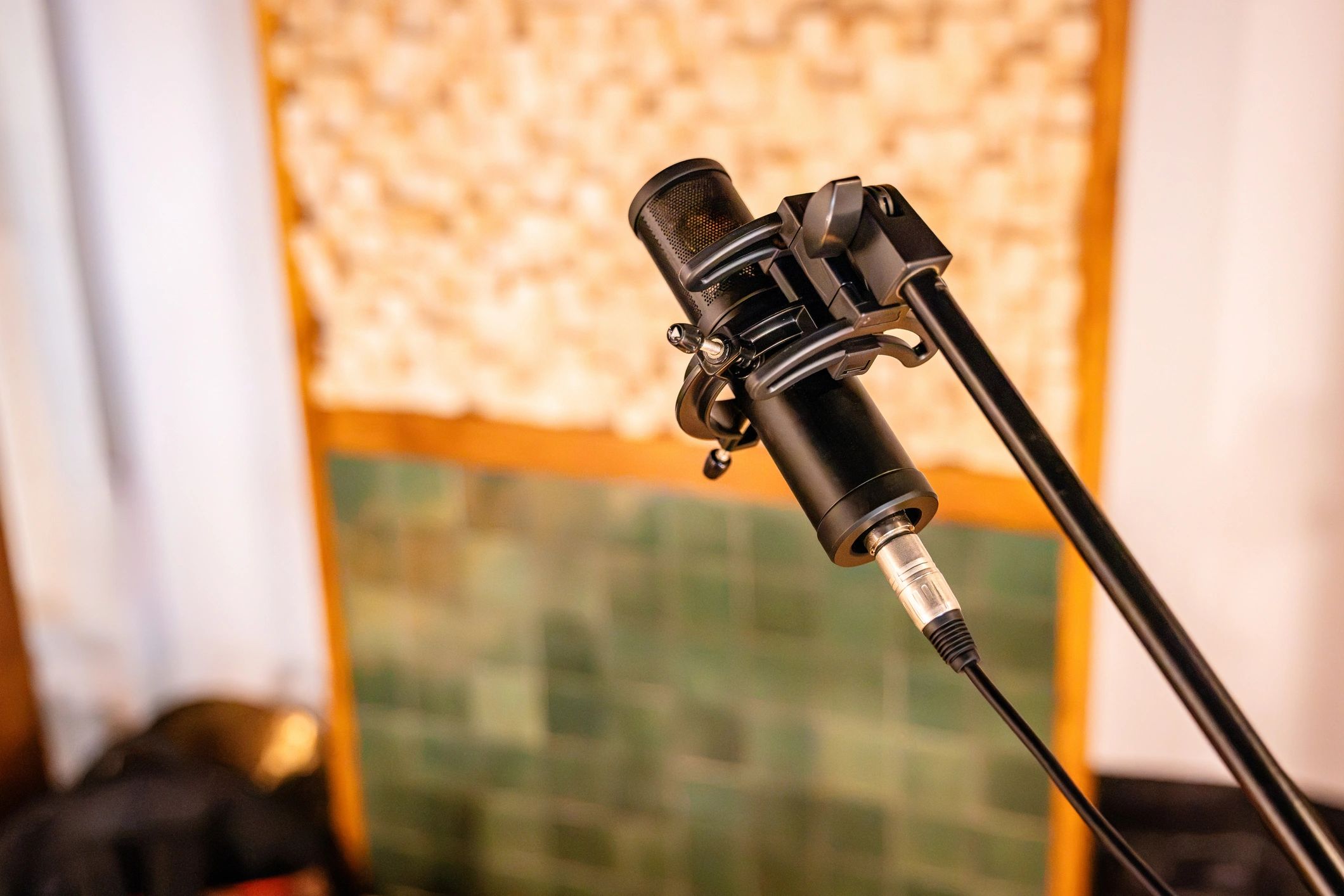 Microphone set up in a music studio with recording equipment
